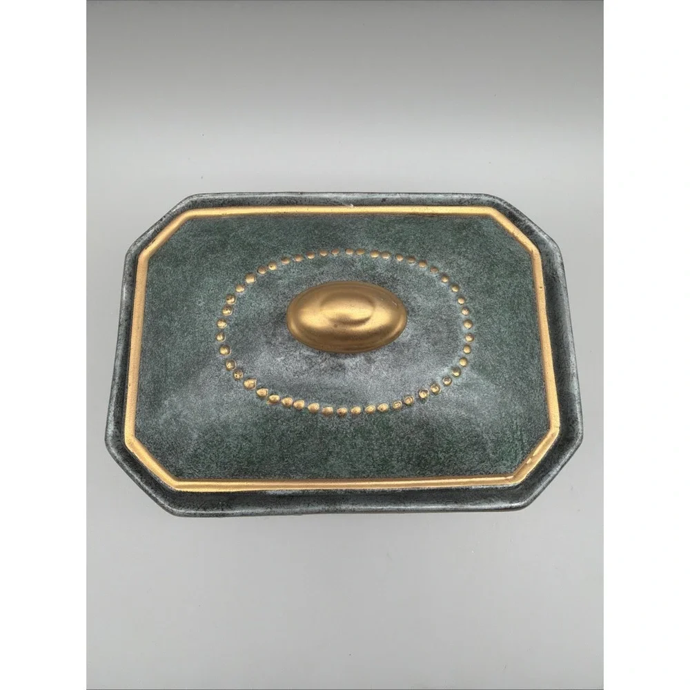 VTG Toyo Marbella HFP Macau Porcelain Floral Vanity Dresser Trinket Green Gold